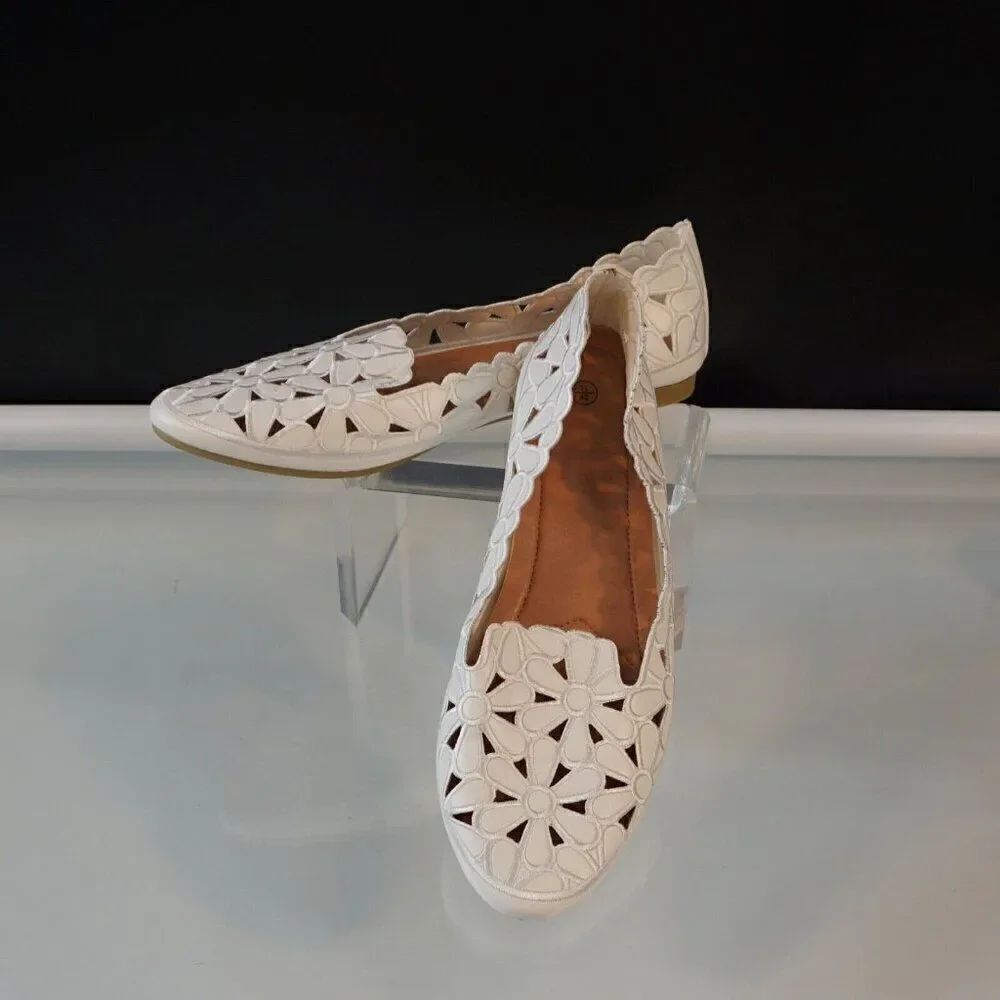 HEAWISH Womens Daisy Flower Ballet Flats Slip On Shoes Sz 11 White